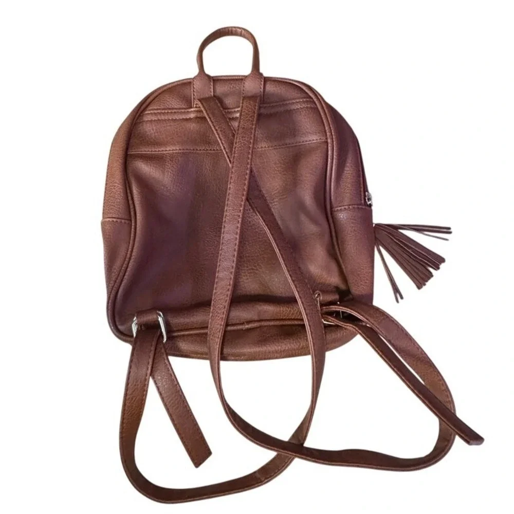 Cognac Brown Faux Leather Mini Backpack BPWM173154 Tassel Detail Gold Hardware